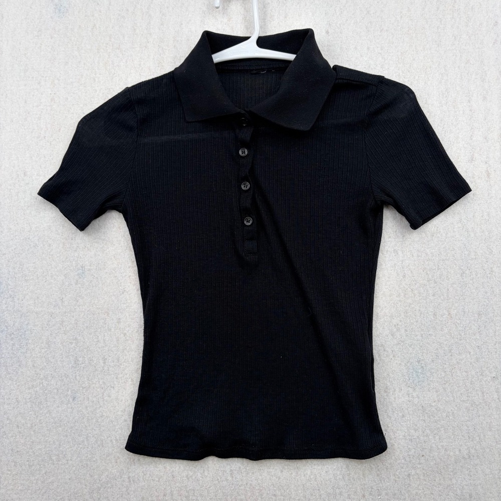 H&M Womens Ribbed Short Sleeve Polo Shirt Black Button Up Collar Top